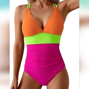 PLUS SIZE Vibrant Orange, Green, and Pink Women's One Piece Swimsuit